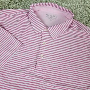 Maelreg Mens Large Pink White Striped Performance Stretch Golf Polo Short Sleeve